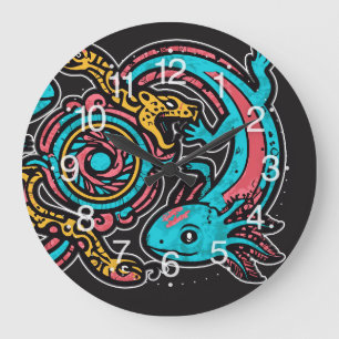 Grande Horloge Ronde Motif tribal aztèque axolotl Xolotl mythologie boh