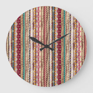 Grande Horloge Ronde Motif tribal Boho ethnique coloré