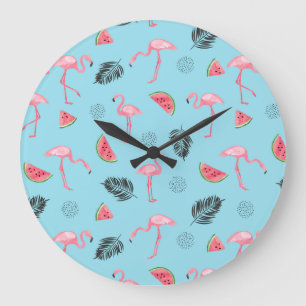Grande Horloge Ronde Motif tropical à la mode de Flamant rose et de