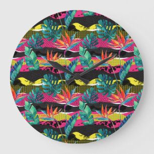 Grande Horloge Ronde Motif tropical abstrait de texture de néon