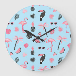 Grande Horloge Ronde Motif tropical d'été rose et bleu