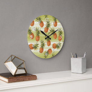 Grande Horloge Ronde Motif tropical orange vert de fruit d'ananas