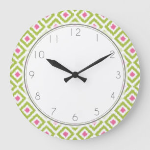 Grande Horloge Ronde Motif vert et rose d'Ikat de diamant