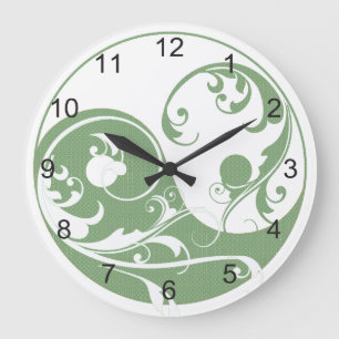 Grande Horloge Ronde Motif vert et Yin et Yang blanc