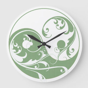 Grande Horloge Ronde Motif vert et Yin et Yang blanc