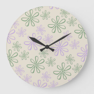 Grande Horloge Ronde Motif vert Vintage rétro violet petite fleur
