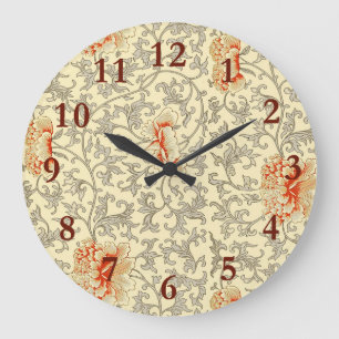 Grande Horloge Ronde Motif vintage d'Owen Jones : Corail Floral Gris