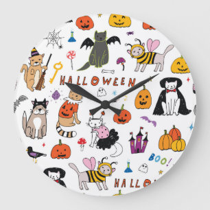 Grande Horloge Ronde Motif Vintage Halloween Cats