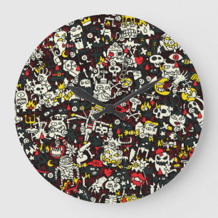 Grande Horloge Ronde Motif Vintage Halloween Mini Doodle