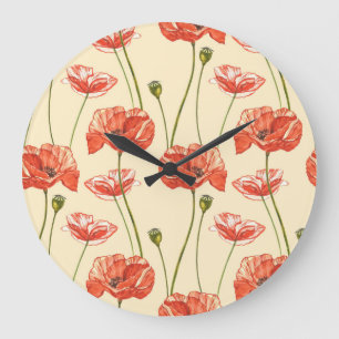 Grande Horloge Ronde Motif Watercolor Red Poppies.