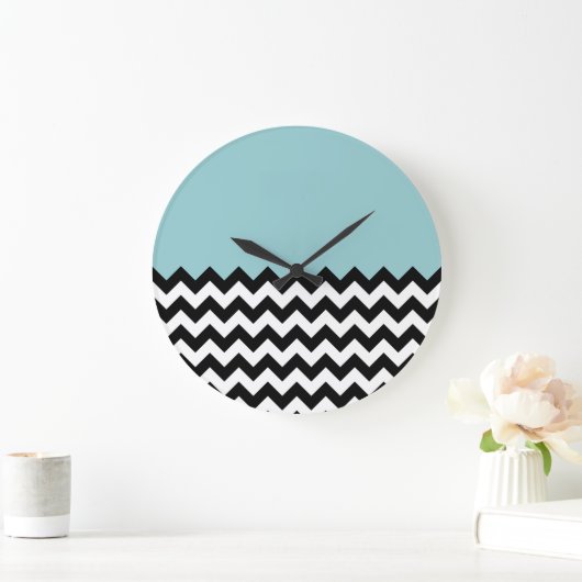 Grande Horloge Ronde Motif Zigzag noir et blanc, Chevron, Bleu (Maison)