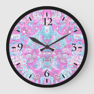 Grande Horloge Ronde Motifs de fleurs roses bleues mignons