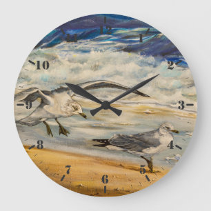 Grande Horloge Ronde Mouettes sur la plage