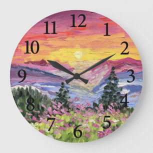 Grande Horloge Ronde Mountain Sunrise avec Fleurs sauvages
