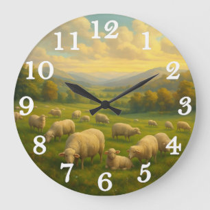 Grande Horloge Ronde Moutons paisibles dans une prairie pastorale