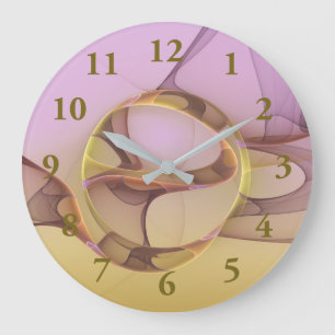 Grande Horloge Ronde Mouvements Abstraits Art Fractal Rose Doré Moderne