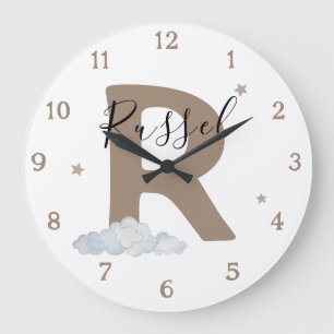 Grande Horloge Ronde Mur de nurserie avec initiale marron de bébé perso