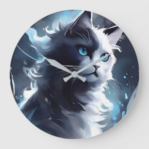 Grande Horloge Ronde Mystique Kitten noir et blanc Chat d'aquarelle