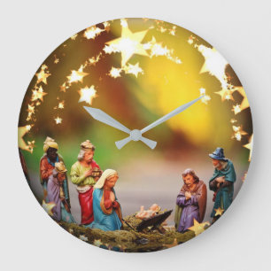 Grande Horloge Ronde Nativity Crib Virgin Mary Jesus Stars Christmas
