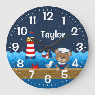 Grande Horloge Ronde Nautical Boy Bear Rouge et Marine
