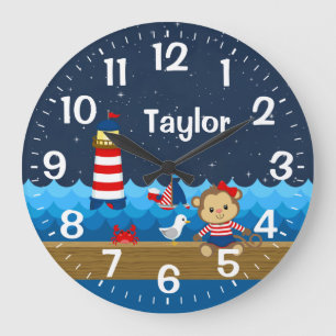 Grande Horloge Ronde Nautical Girl Monkey Rouge et Marine