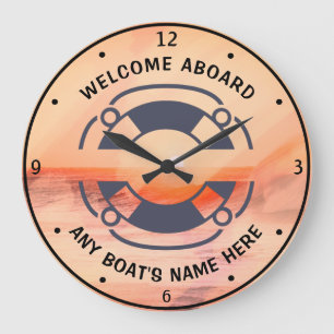 Grande Horloge Ronde Nautical Life Preserver Nom du bateau Aquarelle