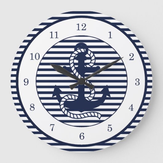 Grande Horloge Ronde Nautical Navy Blue White Stripes and Blue Anchor (Recto)