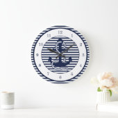 Grande Horloge Ronde Nautical Navy Blue White Stripes and Blue Anchor (Maison)