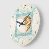 Grande Horloge Ronde Nautilus Shell aquarelle grecque clé Damask plage (Angle)