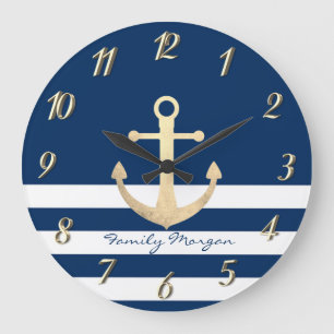 Grande Horloge Ronde Nautique, Ancre Dorée Rayures Bleu Marine