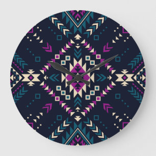 Grande Horloge Ronde Navajo tribal foncé, géométrique vintage.