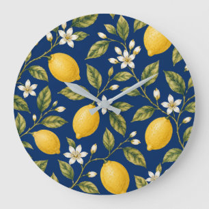 Grande Horloge Ronde Navy Blue Mediterranean Lemon Wall Clock