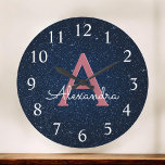 Grande Horloge Ronde Navy Blue & Rose Gold Sparkle Glitter Monogram<br><div class="desc">Navy Blue and Rose Gold Sparkle Glitter Monogram Name and Initial Serving Wall Clock. The Wall Clock makes the perfect gift for someone oms loves rose rose Gold and Midnight Blue paikle.</div>