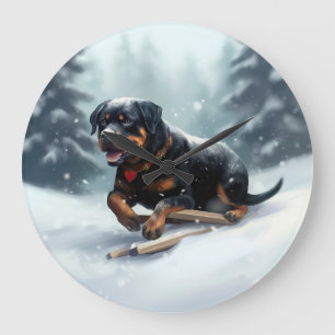 Grande Horloge Ronde Neige de Noël Rottweiler hiver Oreiller