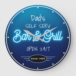 Grande Horloge Ronde Neon Blue Script Dad's ou Any Name Bar Grill