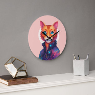 Grande Horloge Ronde "Neon Paws : The Ginger, Blue Eyed Cyberpunk Cat"