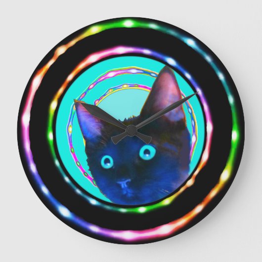 GRANDE HORLOGE RONDE NEON RAVE CRAZY KITTY CLOCK ! (Recto)