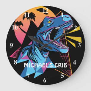 Grande Horloge Ronde Neon T-Rex Dinosaur Graphique Ado Enfants Cool ten