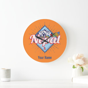 Grande Horloge Ronde Népal avec Montagnes drapeaux rétro Vintages vacan