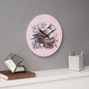 Grande Horloge Ronde Nid de colombe rose avec fleurs et branches d'oliv