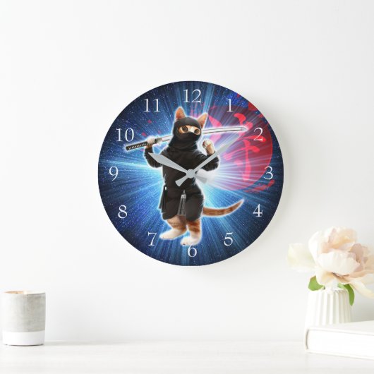 Grande Horloge Ronde Ninja Chat dans l'espace. (Maison)