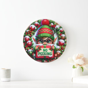 Grande Horloge Ronde No Peeking Elf" - Mur de Noël Jouant