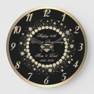 Grande Horloge Ronde Noces de diamant d'or Points Noir 25e Anniversaire