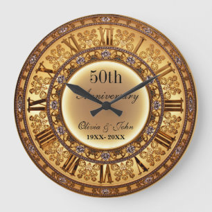 Grande Horloge Ronde Noces de Diamants et d'Or 50e Anniversaire de Mari