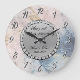Grande Horloge Ronde Noces de marbre et diamants d'argent 25e anniversa