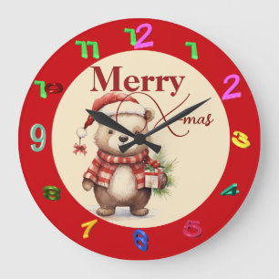 Grande Horloge Ronde Noël avec un ours en peluche