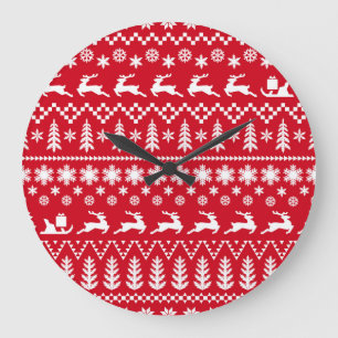 Grande Horloge Ronde Noël classique : Motif d'hiver blanc rouge