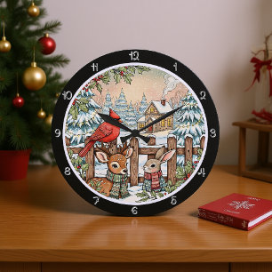Grande Horloge Ronde Noël des cerfs, des lapins et des cardinaux