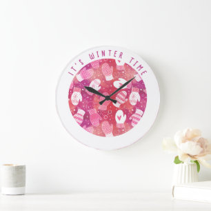 Grande Horloge Ronde Noël d'hiver Mittens Motif en rose