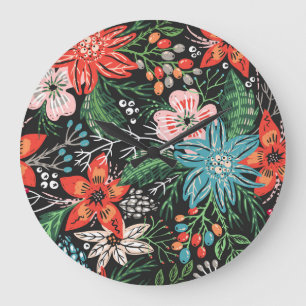 Grande Horloge Ronde Noël Floral Motif coloré